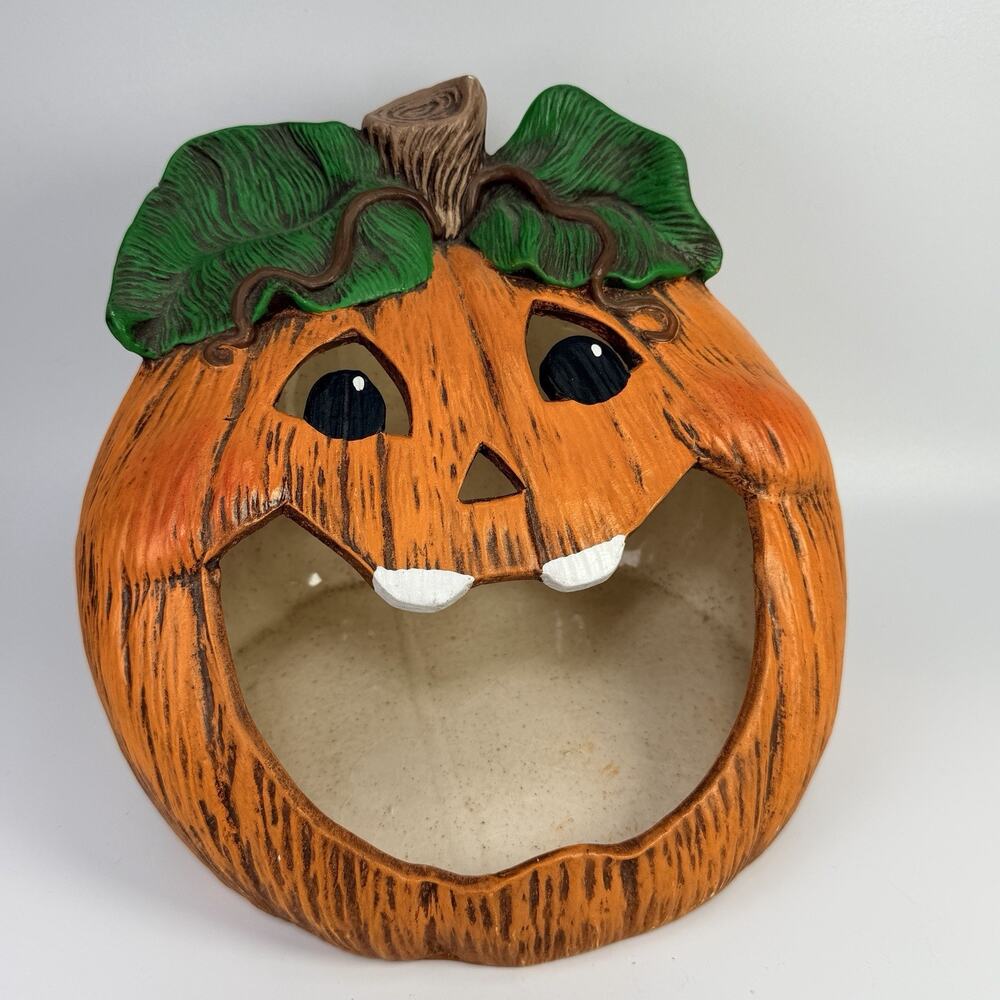 Large Vintage Ceramic Halloween Jack-O-Lantern Pumpkin Ceramic Candy Dish 9.5"